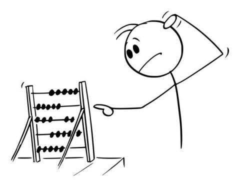 Black and white image of stick figure of a person scratching his head as he is looking at an abacus.