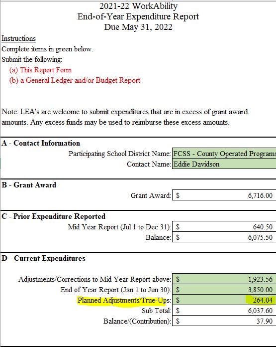 Example of a WorkAbility End-of-Year Report with the Planned Adjustment/True-Up