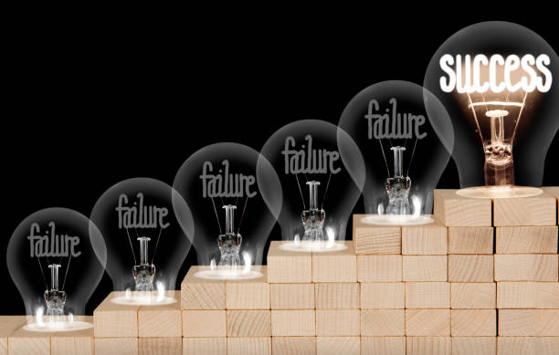 Image of six lightbulbs, each placed a block higher than the other. The bottom five lightbulbs have the word "Failure". The top lightbulb has the word "Success".