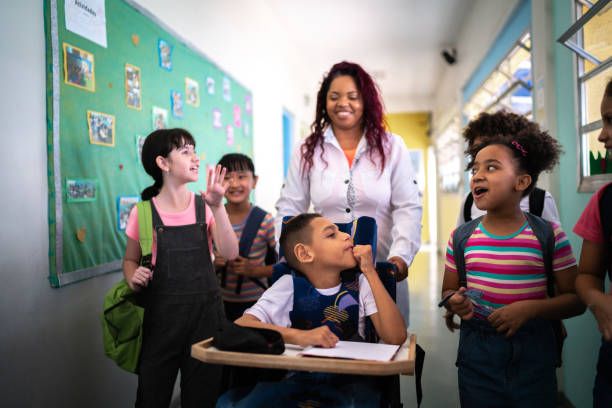 Picture of teacher with several students with disabilities walking down a hallway