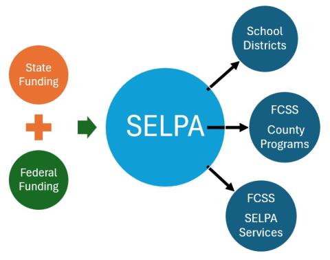 Image of State and Federal funding, each in their own bubble, going into another larger bubble called the SELPA.